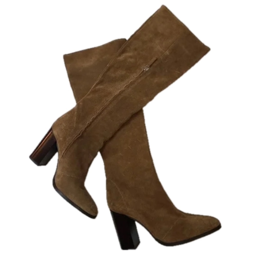 Zara Brown Suede Knee-High Heeled Boots